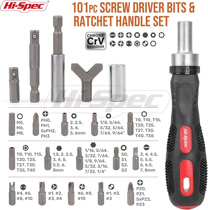Hi-Spec 101pc Multi Bits Screwdriver & Ratcheting Handle Tool Set Kit. Complete 1/4??Hex Screwdriving with Tamper Proof Security Driver Bits