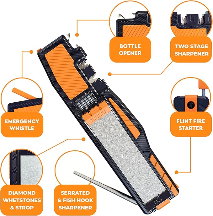 Orange Ninja Pocket Knife Sharpener with Guided Diamond Whetstones ??8-in-1 Tool Sharpener for EDC, Outdoor, Hunting & Camping Knives - Includes Diamond Rod, Leather Strop & Fire Starter