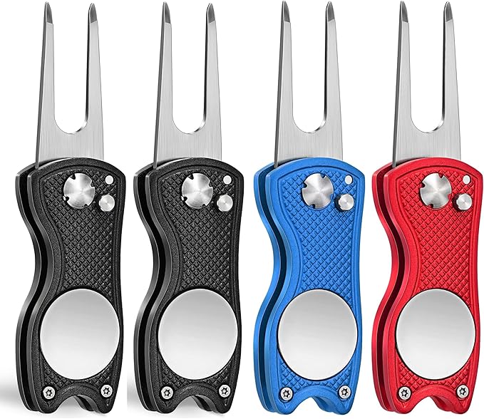 Mile High Life Golf Divot Repair Tool, All Metal Foldable Divot Tool with Pop-up Button & Magnetic Ball Marker, 2-6 Pack