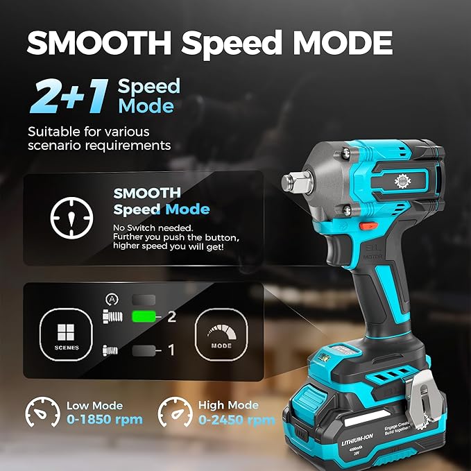 1/2" Cordless Impact Wrench Kit, Impact Gun 3-Mode Speed with 4.0Ah Battery and Fast Charger, 20V High Torque 465Ft-lbs (630N.m), Brushless 2500RPM Power Electric Impact Wrench with LED Light for Car