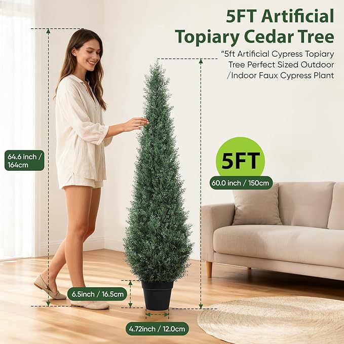Artificial Trees for Outdoors, BUZIGUBY Artificial Cedar Topiary Trees, 5FT Topiary Trees Artificial Outdoors for Porch, Dense Arborvitae Tree for Front Door Patio Deck Balcony Yard Decor, 2 Pack