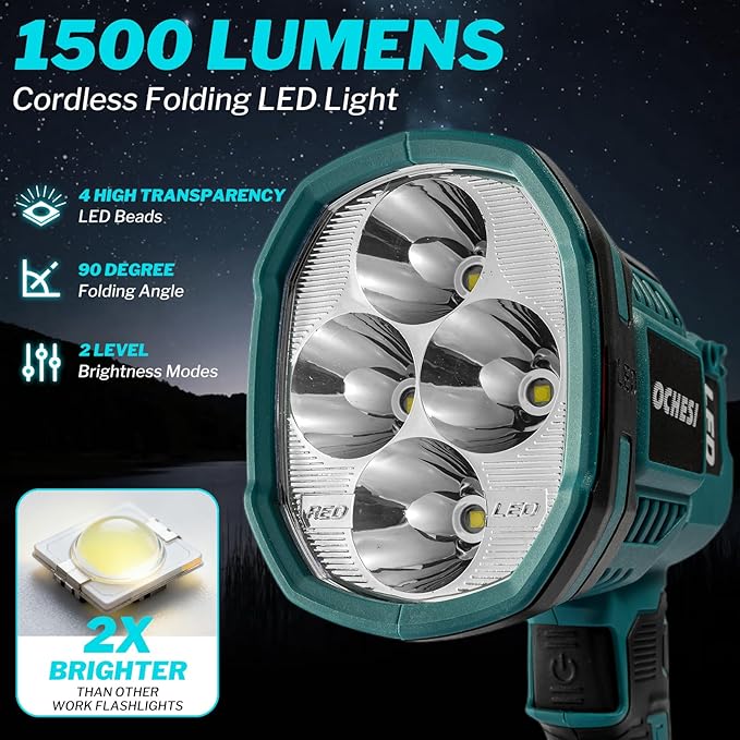 Cordless LED work light compatible with Makita 18V Battery, 1500LM Handheld Spotlight with 550 Yard Distance, Flashing mode and Pivoting Head for Workshop, Camping, Jobsites (Battery Not Included)