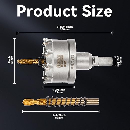 Hole Saw 2" (51mm) Heavy Duty Carbide with 2 Pilot Drill Bits - Metal Hole Cutter Cuts Stainless Steel, Iron, Copper, Brass, Plastic