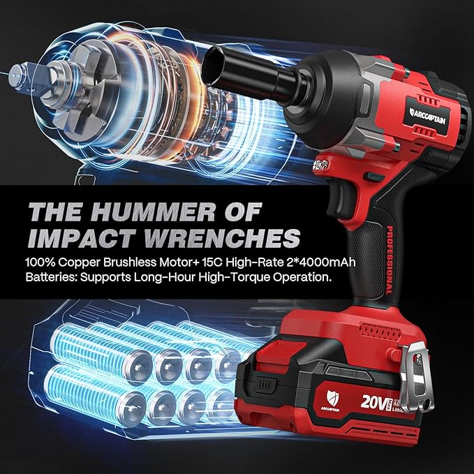 ARCCAPTAIN Cordless Impact Wrench, 1000Ft-lbs (1350N.m) 1/2" High Torque Impact Gun, 15C High-Rate 2x4.0Ah Batteries, 20V Power Impact Driver, Supports Up to 40mm Socket for Heavy Truck/Car/Pickup