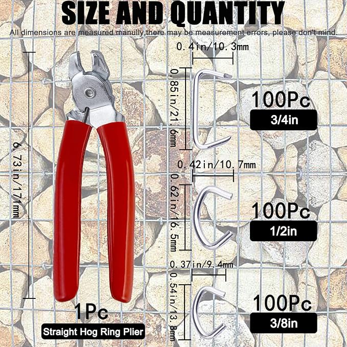 300 PCS Galvanized Hog Rings with Bent Pliers Set, Includes 3/4", 1/2", and 3/8" Hog Rings for Animal Cages, Ropes, Bags, DIY Crafts, and Furniture Upholstery