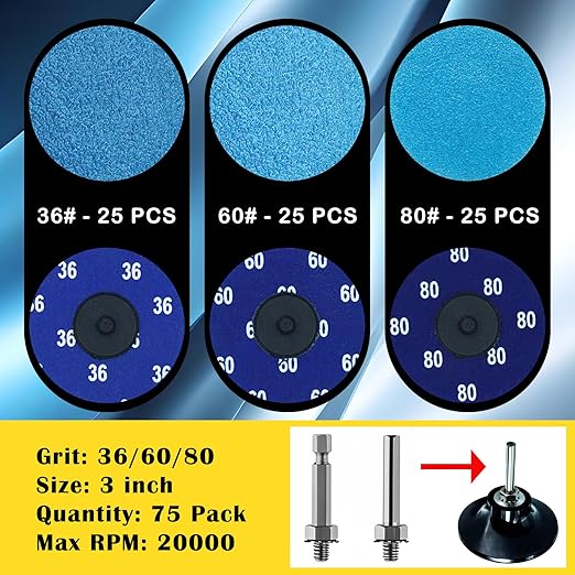 75Pcs 3 inch Quick Change Disc Set, Zirconia Roll Lock Sanding Disc with 1/4" Holder Compatible with Die Grinder Surface Prep Strip Polish Finish Burr Rust Paint Removal