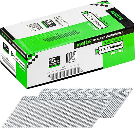 meite 15 Gauge 34 Degree Angled Finish Nails, 1-3/4 Inch Leg Galvanized No-rust Finishing Nails for Nailer Gun, Glue-Collated Trim Nails for Baseboard Crown Cabinet Window Molding, 2 Boxes x 2,000PCS