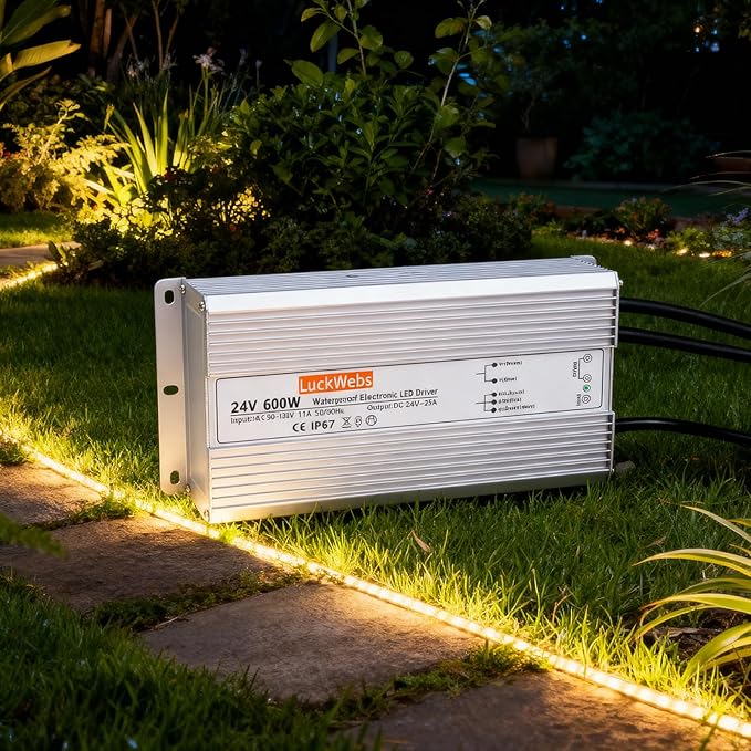 LED Driver 24V600W Waterproof Power Supply AC 90-130V to DC 24V25A Low-Voltage IP67 Switching Power Supply Landscaping Decorative Lighting LED Waterproof Transformer