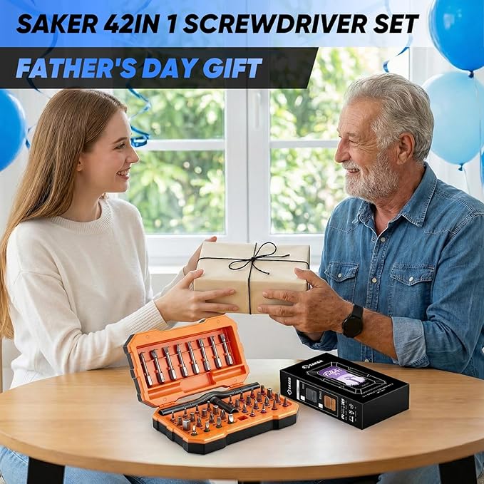 Saker 42-in-1 Magnetic Screwdriver Set for Father?셲 Day Gift, Screwdriver Set with T Handle & Storage Case, for Men Gift, Furniture, Computer, Bicycle, and DIY, Orange