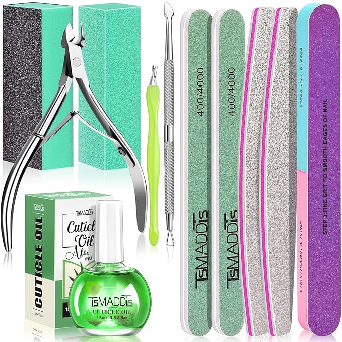TsMADDTs Cuticle Pusher Nail File Kit, Nail Buffers and Files with 3 Files, 2 Buffering Blocks, 2 Polishing Buffers, Cuticle Nippers, Pusher and Oil