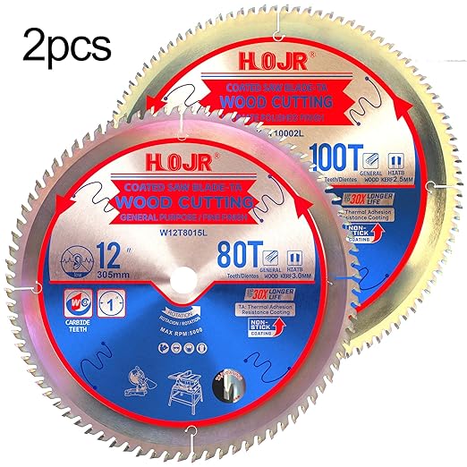 Woodworking Circular Saw Blades 2-Pack 12", Arbor 1", Framing/General Wood, Special Anti-Heat Adhesion Coating on Cutting Edges, High Finish, Long Life, 12" 80 Teeth & 100 Teeth -TA
