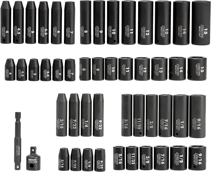 NEIKO 02436A 1/4 Drive Impact Socket Set 50 Piece Metric & Standard, Deep & Shallow Chrome Vanadium Steel 3/8??to 1/4??Reducer Hex Shank Adapter, 1/4 Socket Set Metric and Standard, Deep Socket Set