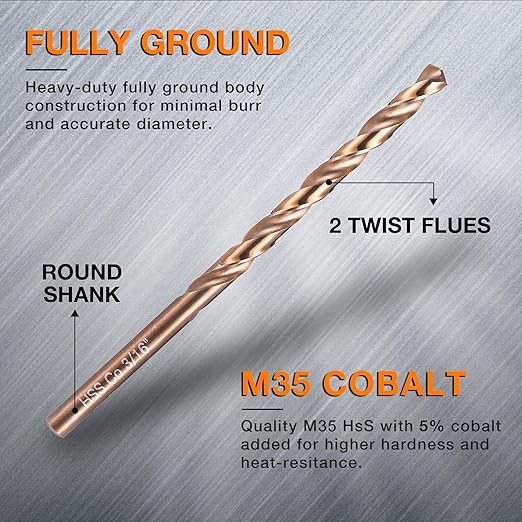 3/16 Inch Cobalt Drill Bits (13pcs), M35 High Speed Steel, 135 Degree Tip, Jobber Length Twist Drill Bit Set for Hard Metal, Stainless Steel, Cast Iron, Wood and Plastic, with Storage Case