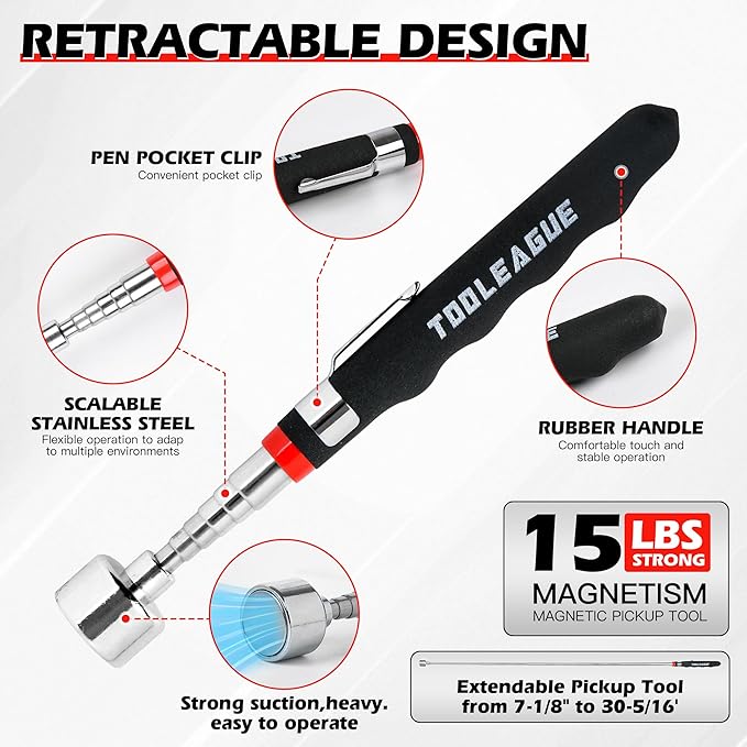 TOOLEAGUE 1Pc Magnetic Tool Mat with 15Lb Telescoping Magnetic Pickup Pen,Parts Tool Holder Pad for Organizing Mechanic Wrench Screw Bolts Nuts and Other Small Metal Parts