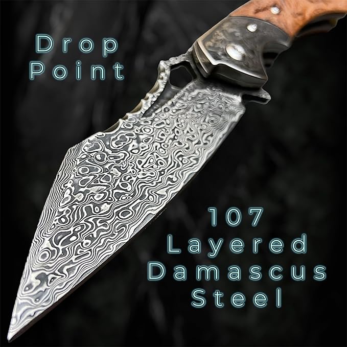 TACTICAL GEARZ Damascus Pocket Knife, Custom Carved Rosewood Handle, Includes Custom Leather Sheath (Timber XT)