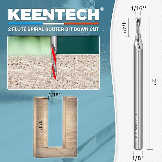KEENTECH 1/8" Shank Downcut 2 Flute Flat Tip Sprial Router Bit for CNC Router Machine, 1/16" Cutting Diameter, 1/4" Cutting Depth, for Wood Cutting, Custom Furniture, Slot Mortise, Engraving, Carving