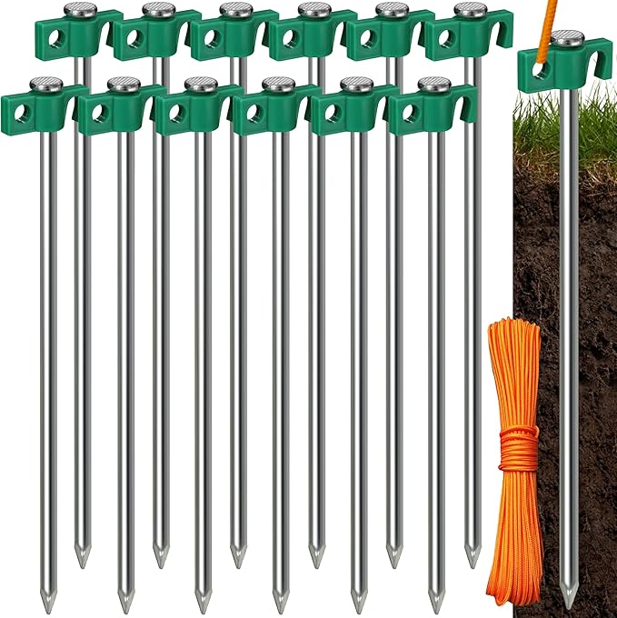 Tradesparker Tent Stakes 12-Pack 10Inch Heavy Duty Garden Stakes Canopy Anchors Double-Sided Hook Design - Includes Ropes for Camping Tents, Pop Up Canopies and Outdoor Events, Green