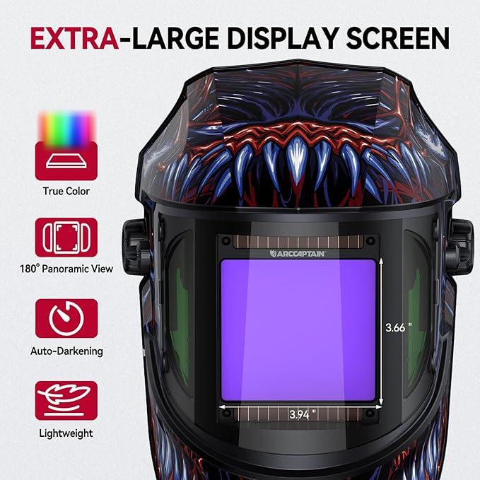 ARCCAPTAIN Auto Darkening Welding Helmet with Side View, 180째 Panoramic View, 1/1/1/1 True Color Large Viewing Welding Hood with 4 Arc Sensor Solar Powered, Wide Shade 4/5-9/9-13 for TIG MIG ARC Cut