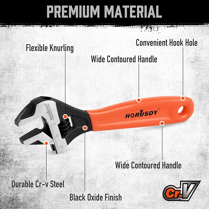 HORUSDY 6" Adjustable Wrench Pipe Spanner: Wide Jaw Black Oxide Wrench With Cushion Grip, Laser Marked Metric & SAE Scales, CR-V Steel, for Professionals