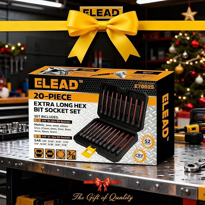 ELEAD 20-Piece 3/8 Inch Drive Extra-Long Allen Hex Bit Socket Set: S2 Steel, Standard SAE & Metric (1/8-Inch - 7/16-Inch, 3-12mm) for Impact Drills and Ratchet Wrenches
