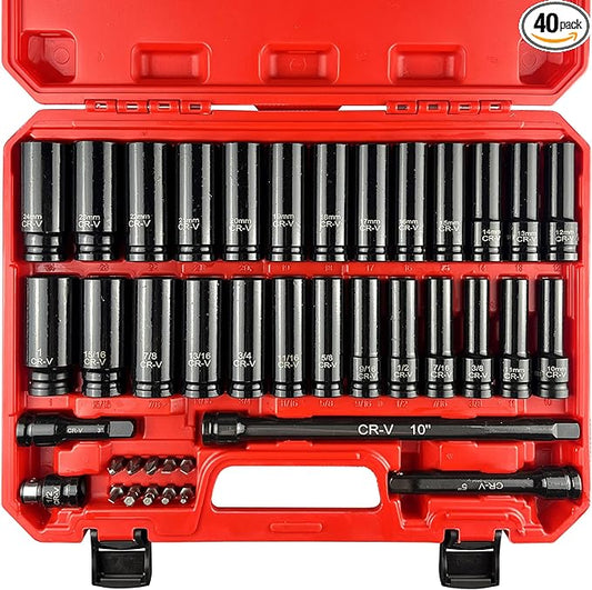 1/2" Drive Impact Socket Set, SAE and Metric, Cr-V Steel, 6 Point Deep & Shallow Sockets (40pcs 1/2" Socket Set)