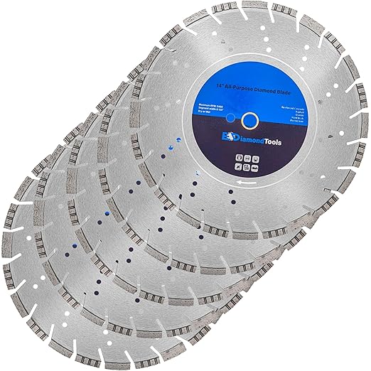 14" All Purpose Diamond Saw Blades for Hard/Reinforced Concrete, Asphalt, Granite, Terrazzo, Ductile Iron Piping, 4-5/8" Cutting Depth, 1" Arbor, 5 Pack