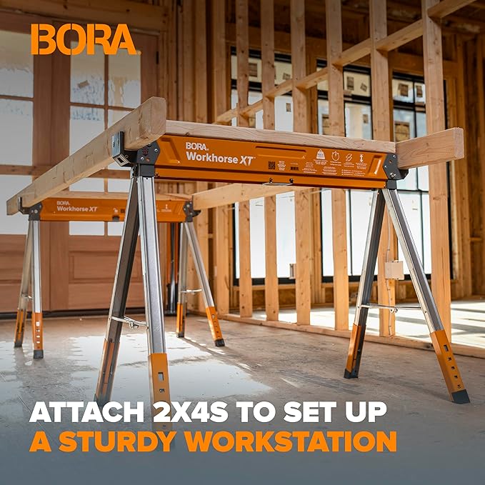 BORA Workhorse XT Saw Horses 2 Pack Folding Heavy Duty Adjustable Height Sawhorse Pair with Adjustable Legs, Heavy Duty Saw horse for Contractors Portable Workbench w/Built in Bottle opener PM-3360T