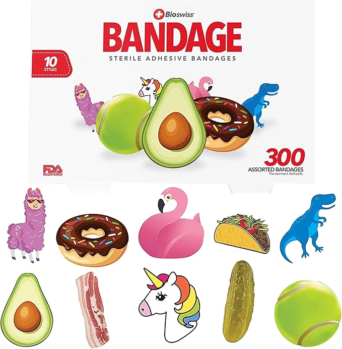 BioSwiss Bandages, Assorted Animal, Fun, and Food Shaped Self Adhesive Bandage Set, Latex Free, Sterile Wound Care, 300 Count