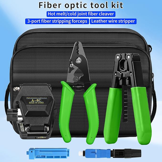 6-in-1 Fiber optic tool kit with high-precision A-6C Optical Fiber Cleaver and Multi functional three port Fiber optic stripping pliers, well as 10pcs SCUPC Fiber optic quick connector