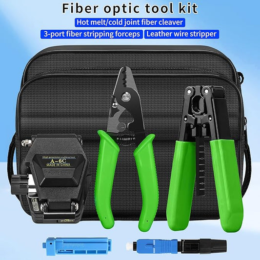 6-in-1 Fiber optic tool kit with high-precision A-6C Optical Fiber Cleaver and Multi functional three port Fiber optic stripping pliers, well as 10pcs SCUPC Fiber optic quick connector