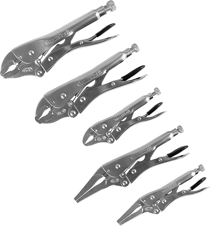 GreatNeck 74230 5-Piece Locking Plier Set ??Curved & Long Nose Pliers with Plastisol Trigger Release, Diagonal Tooth Grip, Wire Cutter & Storage Pouch ??Durable Alloy Steel Construction
