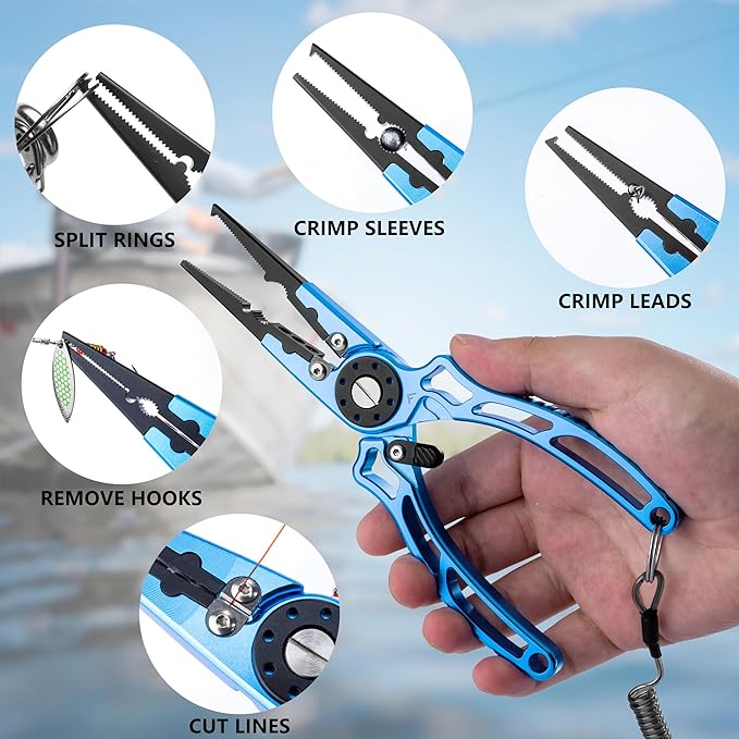 FLISSA 8 Inch Fishing Pliers, Safety Lock Design Fish Pliers Saltwater, Corrosion Resistant Aluminum Hook Remover with Braid Cutters, Sheath and Lanyard, Fishing Tool Gifts for Men