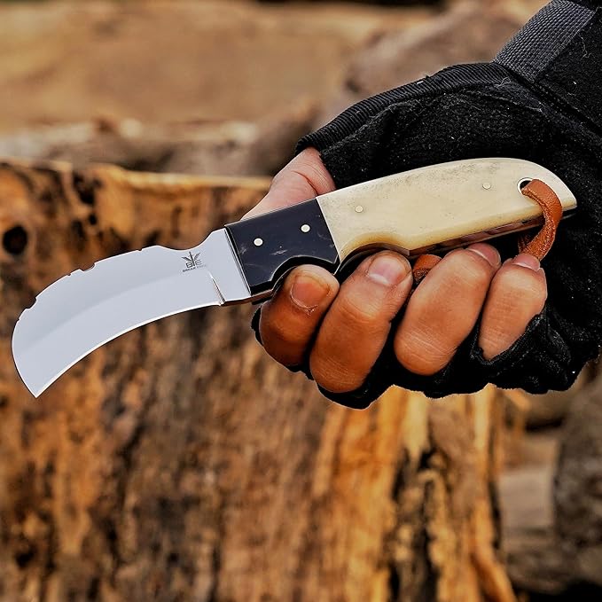 Handmade Stainless Steel Lineman’s Hawkbill knife with Leather sheath, Heavy Duty Utility Knife blade Electrician Wire Skinning knife for professional. (Camel & Black)