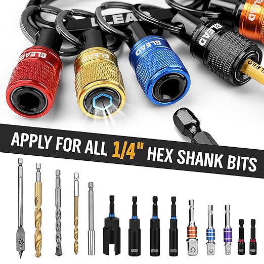 ELEAD 6-Piece Bit Holder Key Chain, 1/4 inch Multi-Color Hex Shank Bit Holders, Quick Release Design with Keychain Carabiner for Nut Driver, Screwdriver & Drill Bits, Tools Gifts for Men