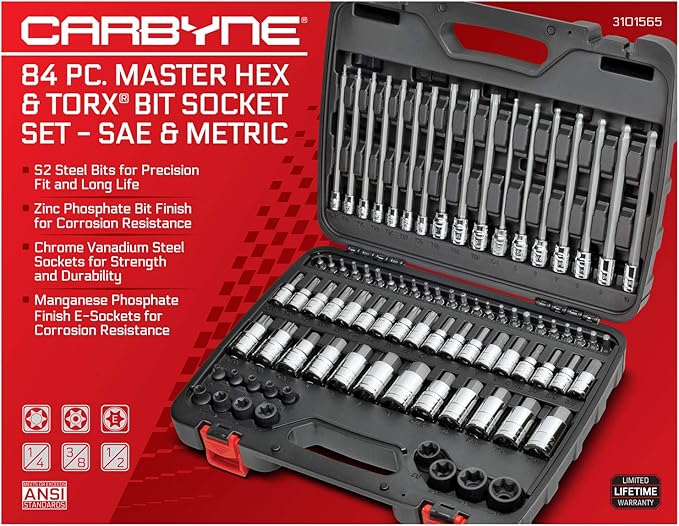 CARBYNE 84-Piece Master Hex & Torx Bit Socket Set & External-Torx Socket Set | S2 Steel Bits, CrV Steel Sockets, Corrosion Resistance, Durable Case | 1/4", 3/8" & 1/2" Dr.