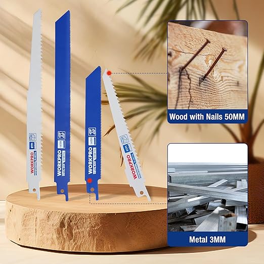 WORKPRO 10-Piece Reciprocating Saw Blade Set, BIM Saw Blades for Metal/Nailed Wood Cutting, Organizer Case Included