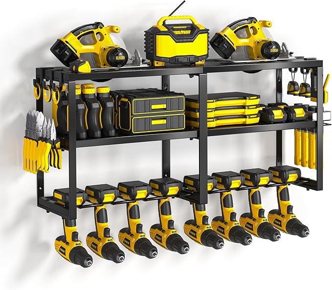 Power Tool Organizer Wall Mount, Heavy Duty Cordless Tool Organizer 8 Drill Holder, 3 Layer Garage Organization for Storage Rack, Suitable Tool Rack for Tool Room, Workshop, and Storage (Black)
