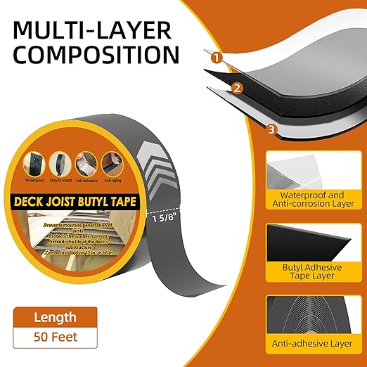 Deck Joist Tape for Decking 1-5/8" x 50', 2 Rolls Waterproof and Anti-Corrosion Flashing Joist Deck Tape for Top of Joists, Rim Joists, Under Joists and Beams