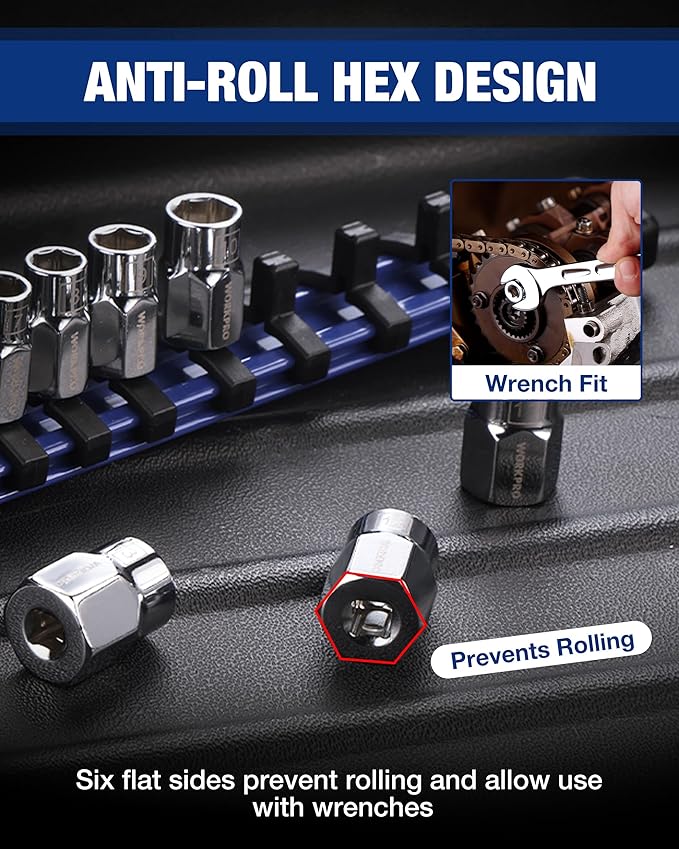 WORKPRO 1/4" Drive Socket Set, 10-Piece Metric CR-V Socket Set with Sturdy Socket Organizer, 6-Point Standard & Shallow Sockets 4mm to 13mm, External Hex Socket Set with Socket Rail for Anti Rolling