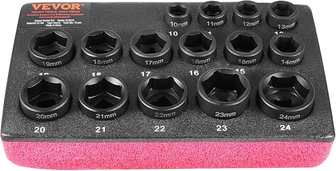 VEVOR Drive Impact Socket Set 3/8" - 15 Piece Ultra-Short Socket Set Metric 10-24mm - 6 Point Cr-Mo Alloy Steel for Auto Repair - Easy-to-Read Size Markings - Rugged Construction Socket Organizer