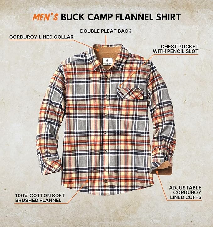 Legendary Whitetails Men's Flannel Shirt Long Sleeve Button Down 100% Cotton