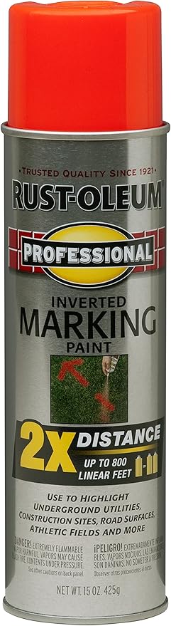 Rust-Oleum 266590 Professional 2X Distance Inverted Marking Spray Paint, 15 oz, Fluorescent Red-Orange