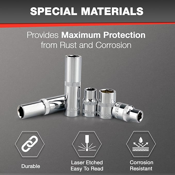 44pcs 3/8" Drive Impact Socket Set,Drive Master Socket Set,SAE/Metric, Deep & Shallow with 3/8" Drive Head Ratchet,Universal Joint,Extension bar (3??& 6??,6 Point,CR-V Steel竊똌irror Chrome