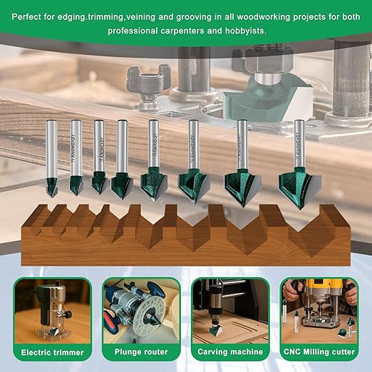 Knoweasy 8-Piece 90 Degree V-Groove Router Bit Set with 1/4-Inch Shank, Carbide Tipped 2-Flute Engraving Bits for Woodworking, Includes 1/4 to 1 Inch Cutting Diameters for Chamfering and Beveling