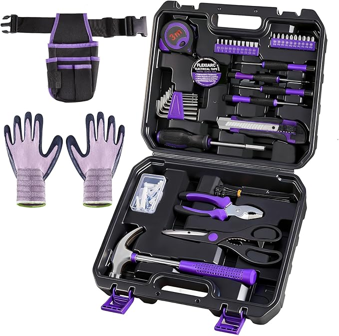 FlexiArc General Household Tool Set - Purple Hand Tool Kit with Waist Pouch & Gloves, Tool Kit for Women Everyday Home Repairs, DIY and Crafts, 112 pcs