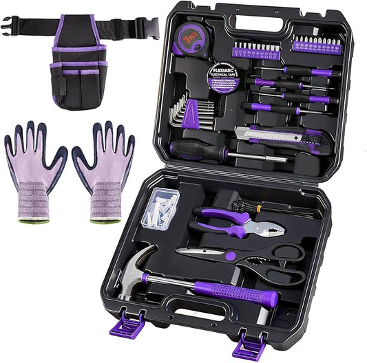 FlexiArc General Household Tool Set - Purple Hand Tool Kit with Waist Pouch & Gloves, Tool Kit for Women Everyday Home Repairs, DIY and Crafts, 112 pcs