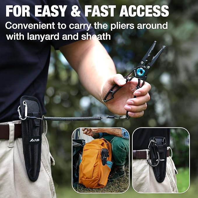 FLISSA 7.5 Inch Lightweight Fishing Pliers, Titanium 6Al-4V Jaw and Tungsten Carbide Line Cutters, Safety Lock Fish Pliers with Aluminum Handle, Sheath & Lanyard, Fishing Gear Gifts for Men