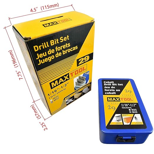 MaxTool Twist Drill Bit Set 29PCs 8% Cobalt HSS M42 Jobber Length Fully Ground for Hardened Steel Metal Cast Iron etc 1/16??to 1/2?? JBS42G10R029P
