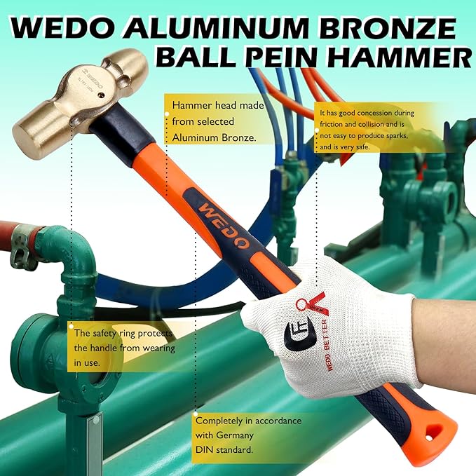 WEDO Non-Sparking Ball Peen Hammer 1 lb Head, Spark-free Safety Ball Pein Hammer, DIN Standard, BAM & FM Certificate, Aluminum Bronze, 12" Length