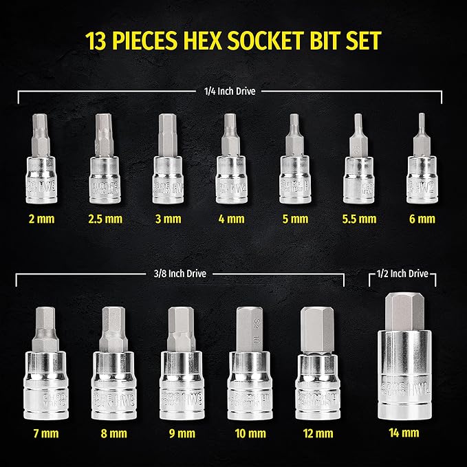 PRADE&CARFT Hex Bit Socket Set 13 Pieces | Premium S2 Alloy Steel | Metric 2mm - 14mm Set | 1/4,3/8,1/2 Inch Drive | Automotive, Bike, Motorcycle